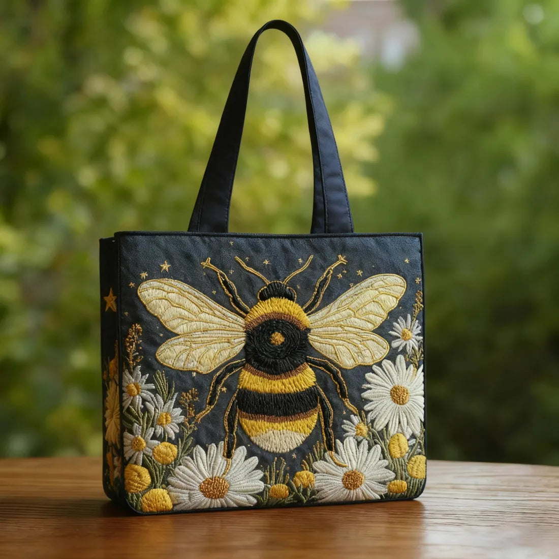 Handtasche - Biene mit Gänseblümchen und Sternen