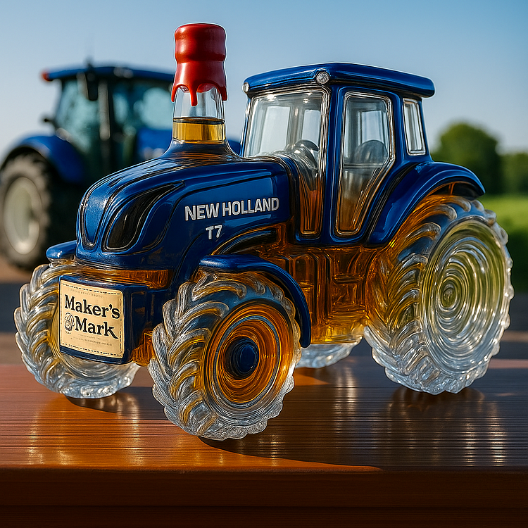 Klassische Whiskyflasche in Form eines New Holland T7 Traktors