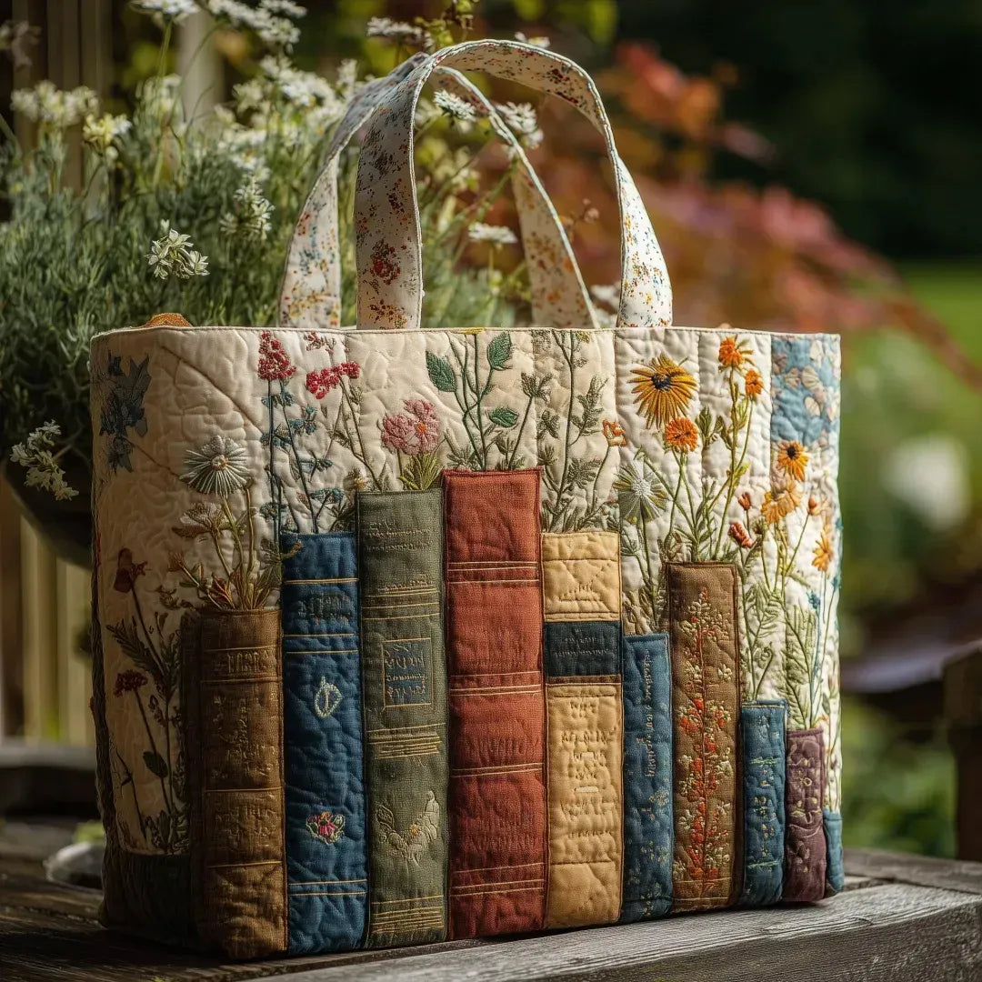 Handgefertigte Stepp-Tasche - Bücher und Blumen