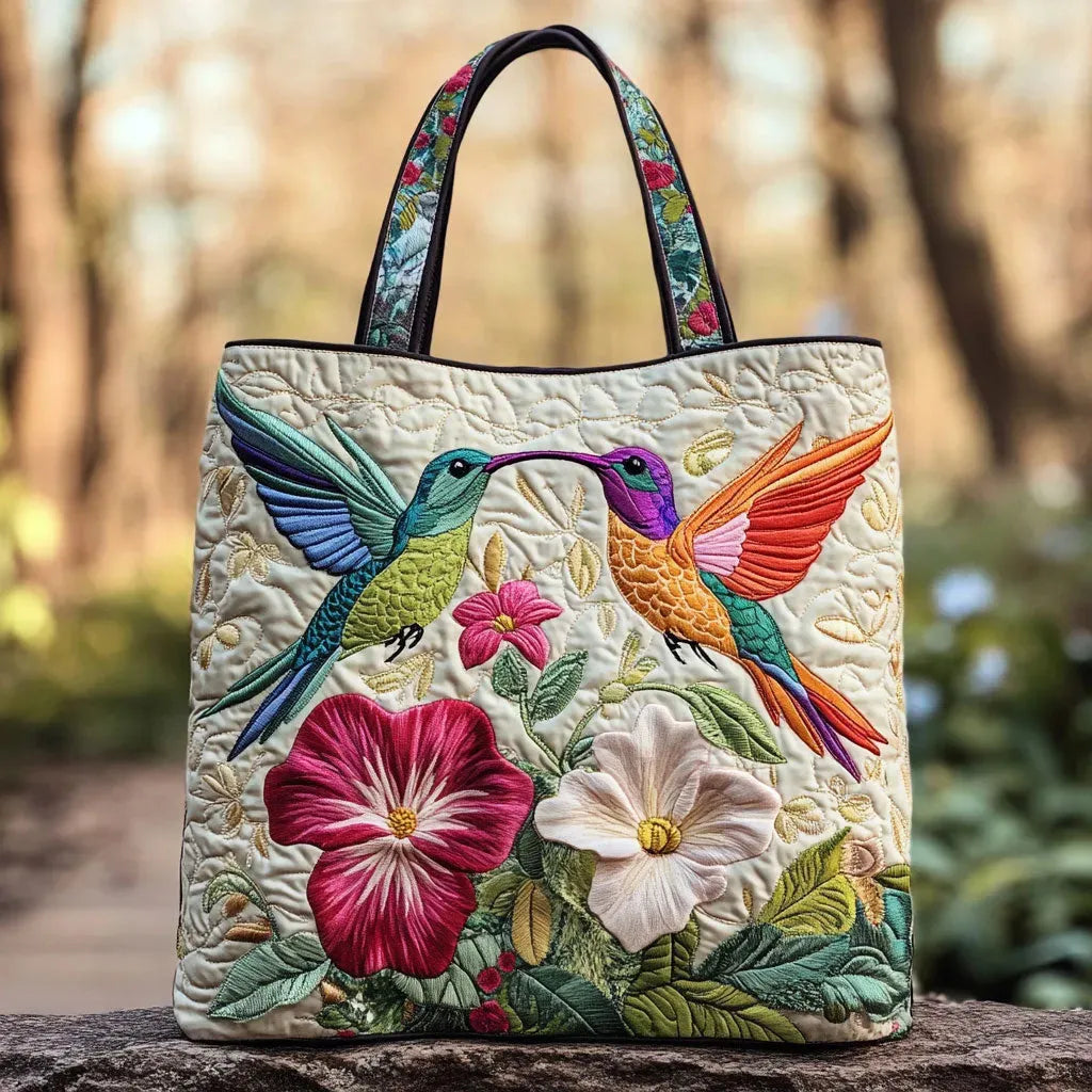 Gestepptes Täschchen - Kolibri und Weiße Blumen