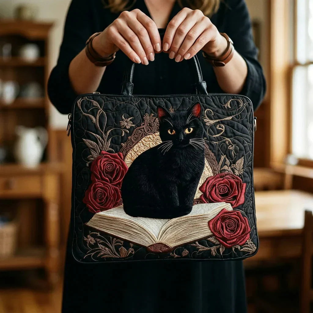 Handgefertigte Matelassé-Tasche - Schwarze Katze auf Büchern