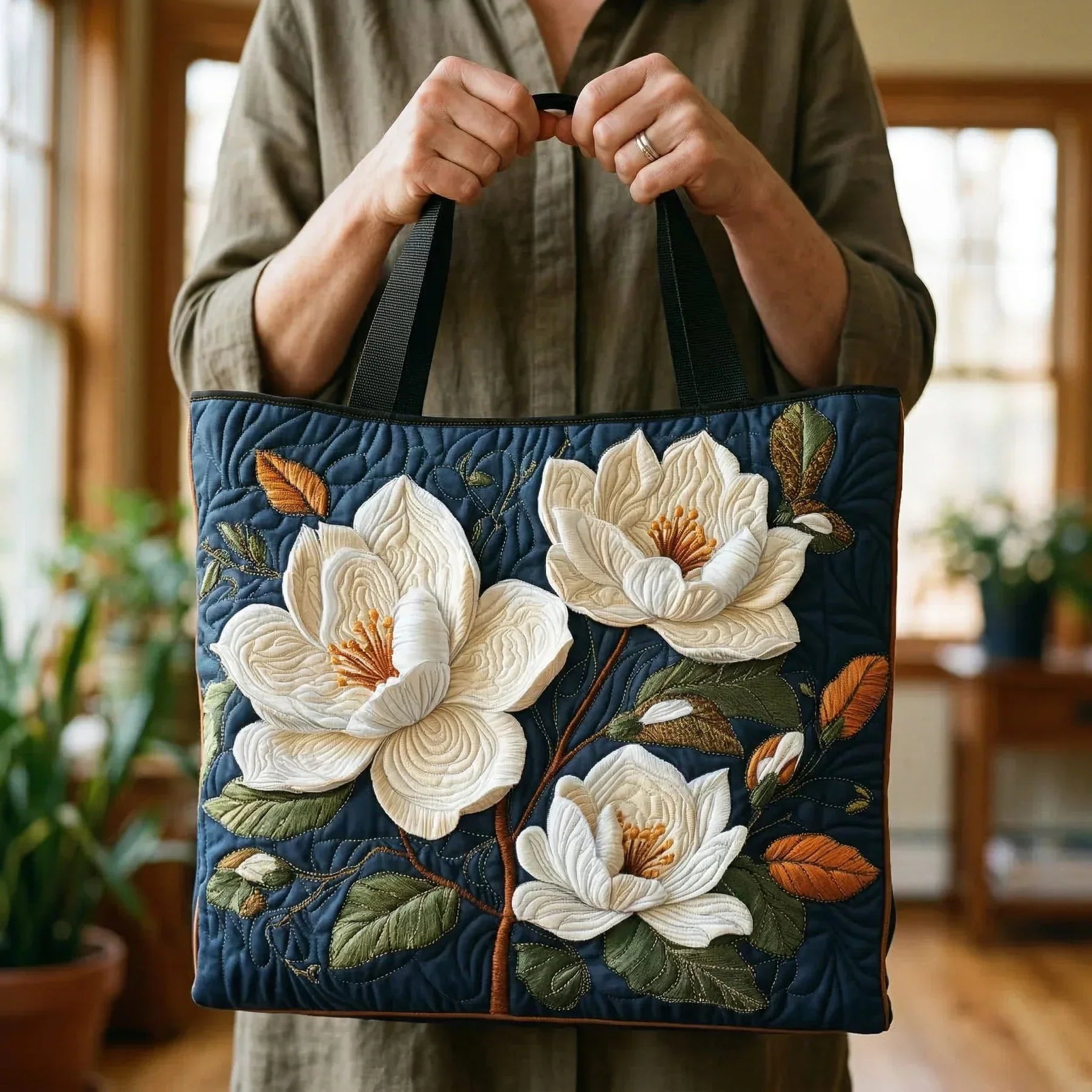 Handgefertigte Stepp-Tasche - Zarte Magnolia