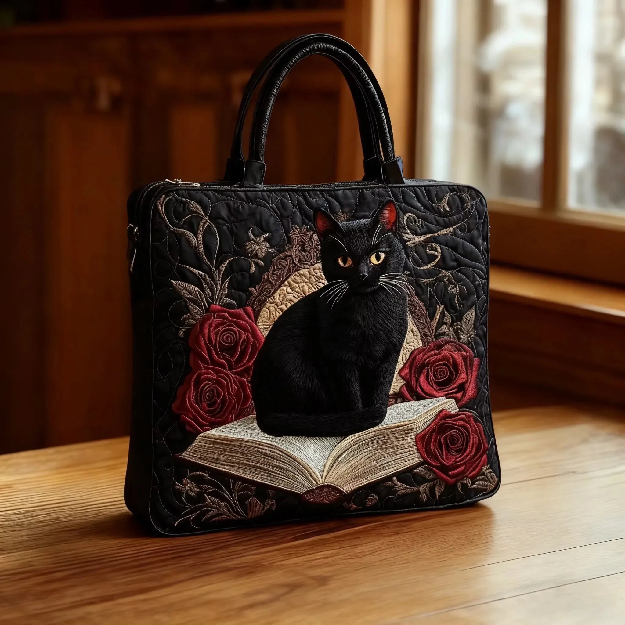 Handgefertigte Matelassé-Tasche - Schwarze Katze auf Büchern