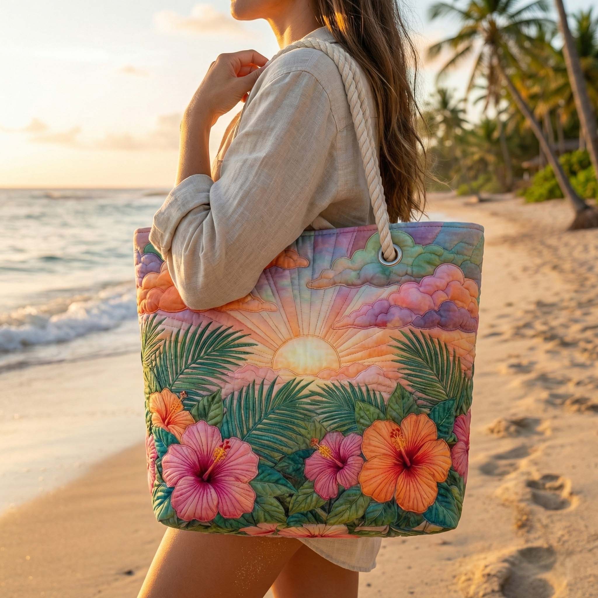 Tropfender Strandtasche mit Sonnenaufgang