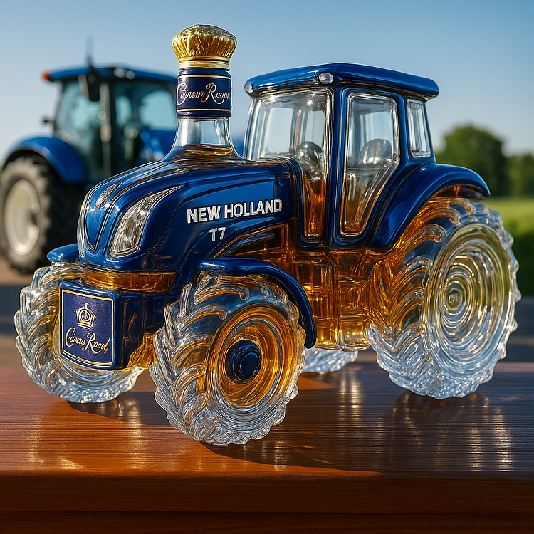 Klassische Whiskyflasche in Form eines New Holland T7 Traktors