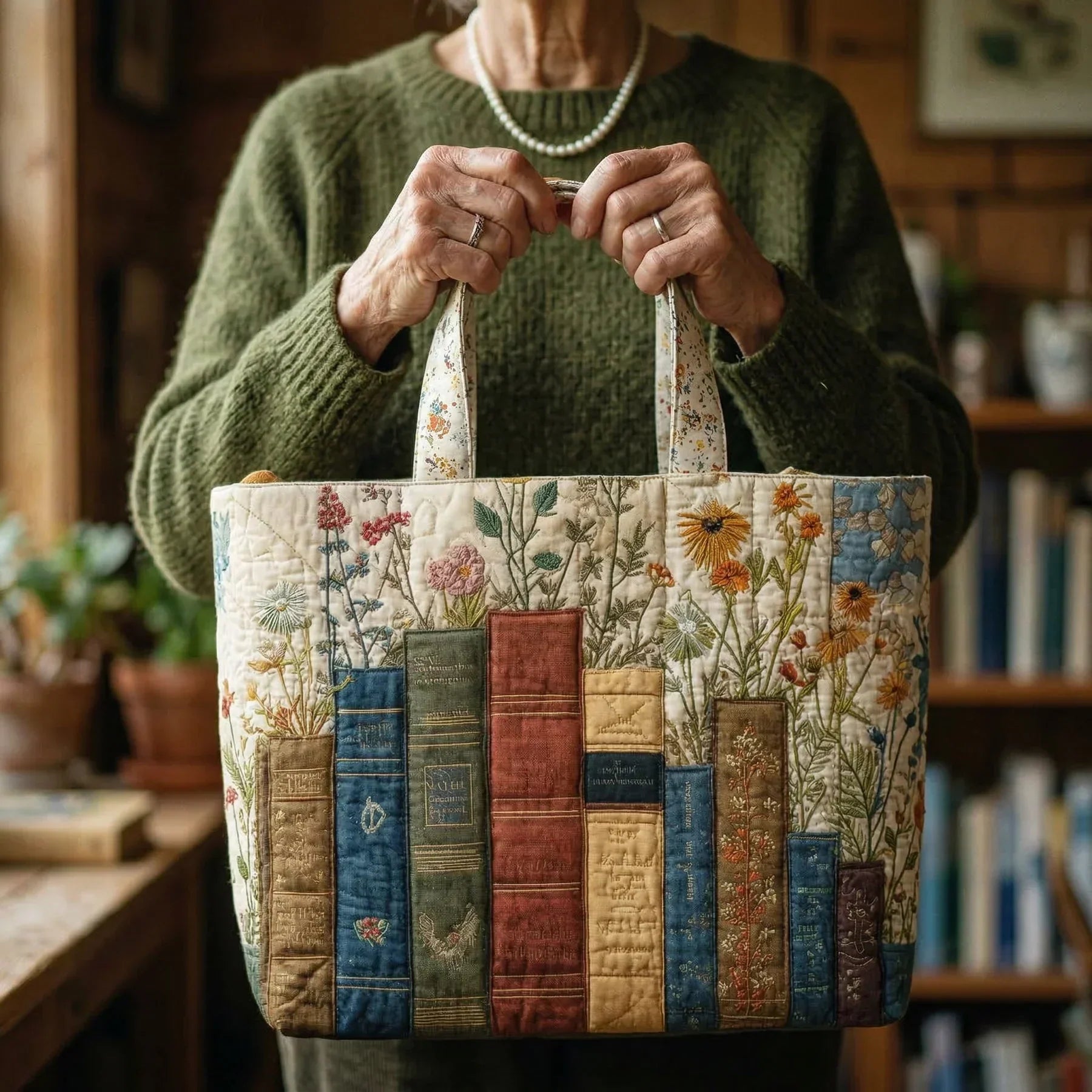 Handgefertigte Stepp-Tasche - Bücher und Blumen