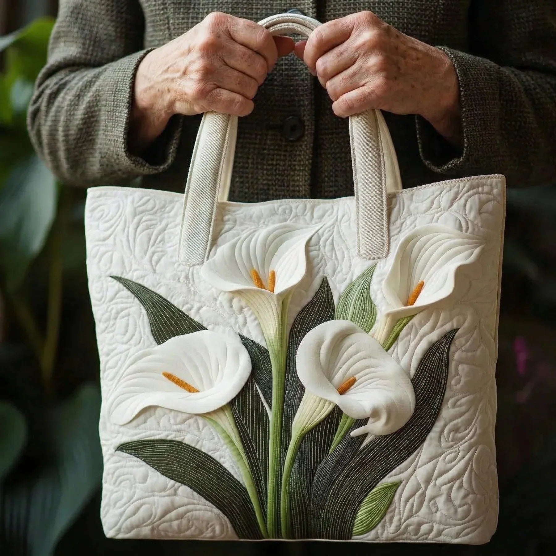 Handgefertigte Matelassé-Tasche - Weiße Aronswurz
