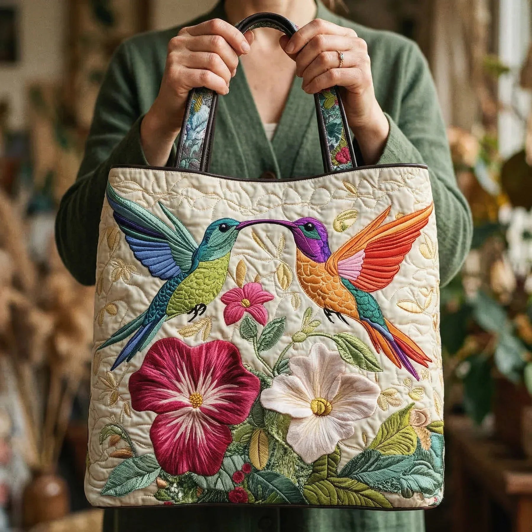 Gestepptes Täschchen - Kolibri und Weiße Blumen